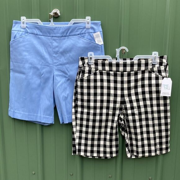 🖤🩵 WOMEN'S Pull-On Bermuda Comfy Shorts Gingham Check & Sky Blue 2-Pack Size L - Picture 1 of 12